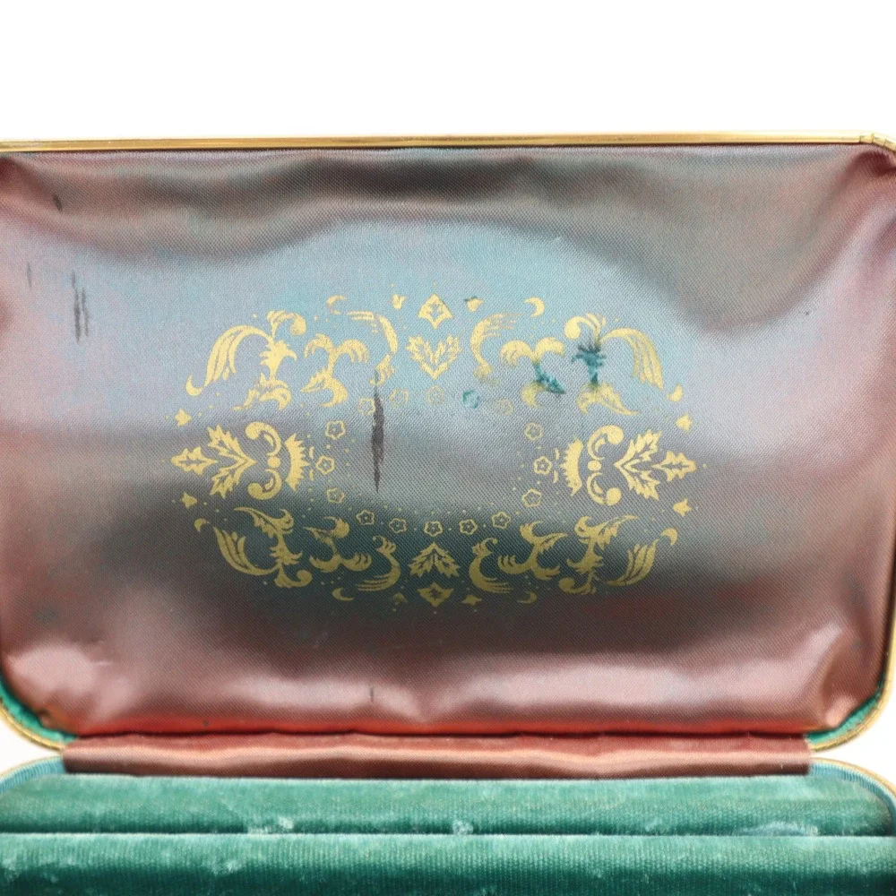 Farrington Vintage Jewelry Box Green Texol Gold Filigree Mid Century Trinket